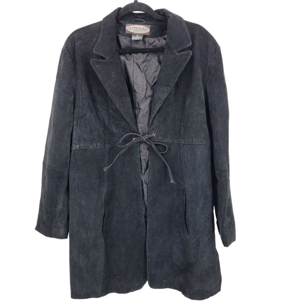 Vintage 80s Leather Jacket XL Black‎ Suede Leather Long Tie Unisex Boho Cosplay